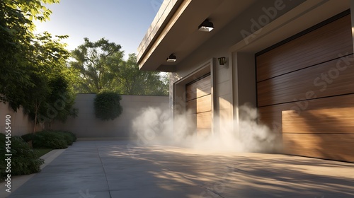 Modern Garage with Wooden Doors and Misty Morning Atmosphere in a Serene Urban Neighborhood