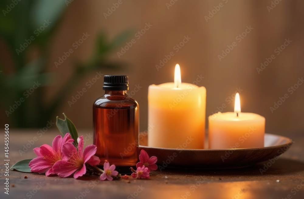 Aromatic ambiance with candles and essential oil bottle on wooden surface Aromatic ambiance with candles and essential oil bottle on wooden surface