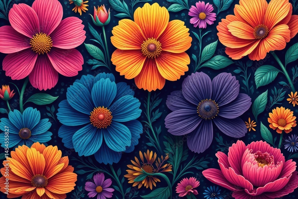 Intricate, repeating blossom design in vibrant hues, botanical, bloom, blossom Intricate, repeating blossom design in vibrant hues, botanical, bloom, blossom