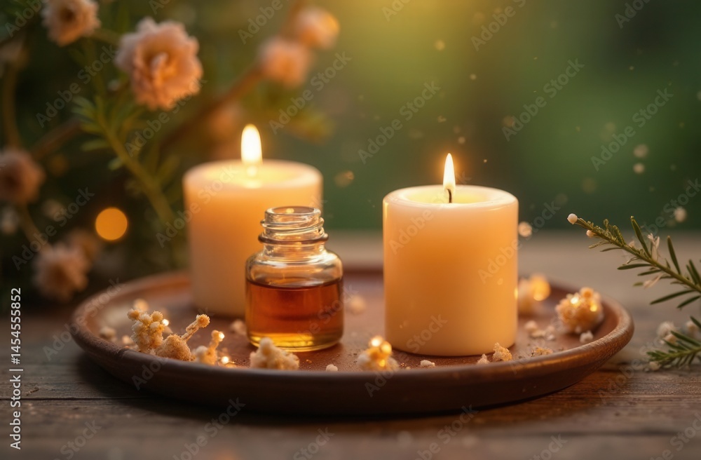 Tranquil candle arrangement with aromatherapy oils and natural decor in evening light Tranquil candle arrangement with aromatherapy oils and natural decor in evening light