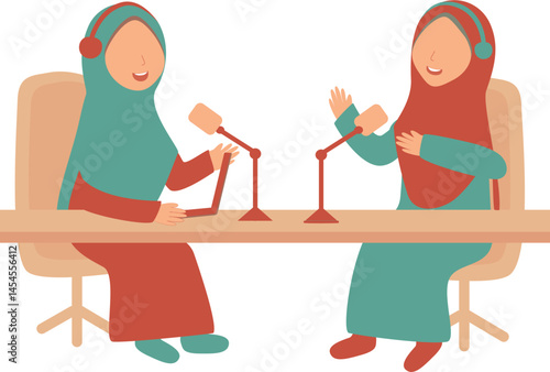 Two Muslim Women Hosting a Podcast, Flat Illustration