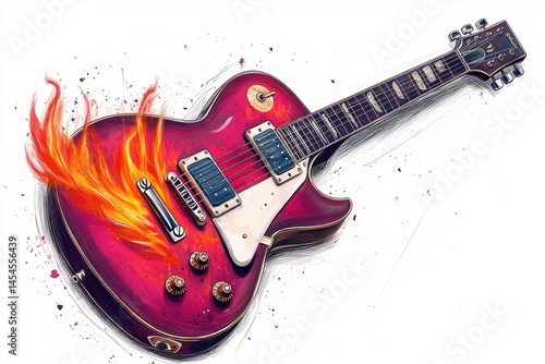 Electric guitar artwork with fiery accents in watercolor paint style illustration