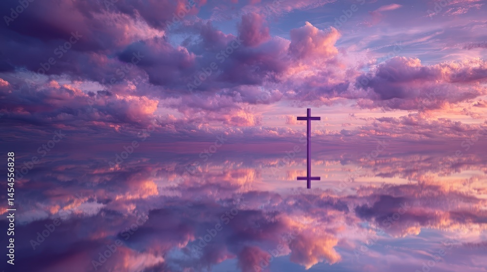 Obraz premium Serene Sunset Landscape with Cross ReflectionPeaceful Sky Cloudscape at Dawn or Dusk