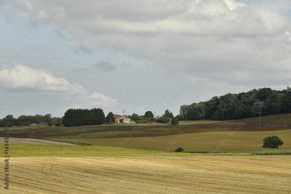 Fototapeta premium Gradué d'ombres et d'éclaircies sur les champs près du bourg de Champagne au Périgord Vert 