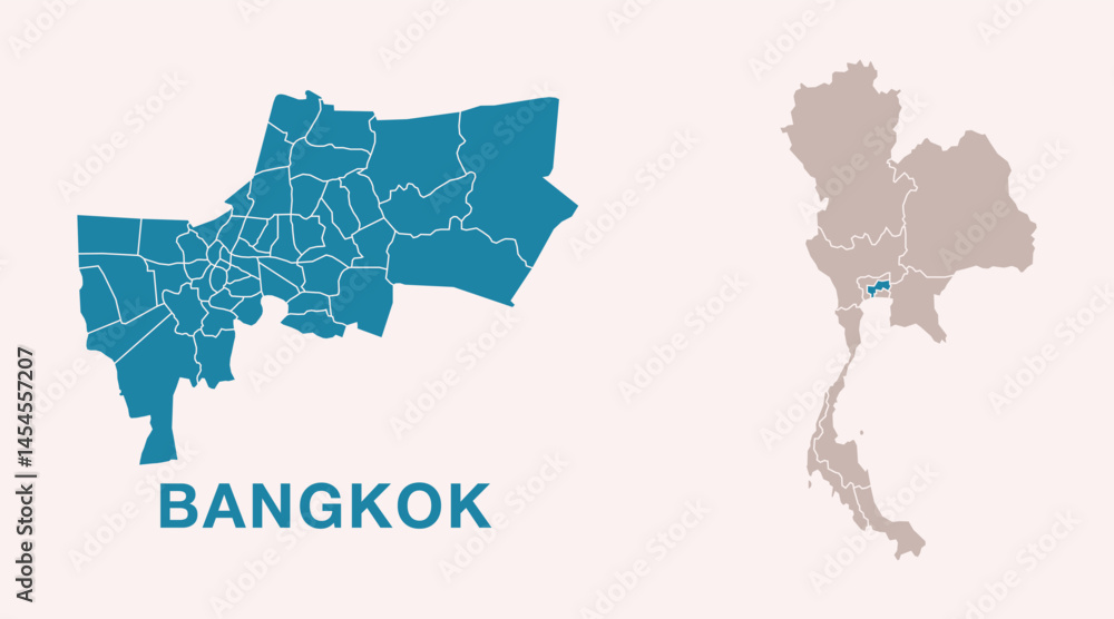 Fototapeta premium Detailed city map of Bangkok, Thailand with location highlighted on Thailand map. Vector Thailand map with regional divisions, isolated on background.