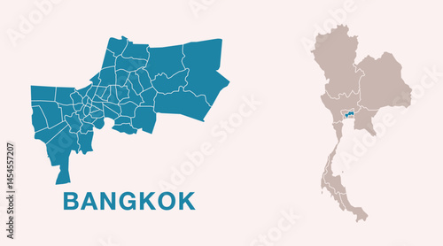 Detailed city map of Bangkok, Thailand with location highlighted on Thailand map. Vector Thailand map with regional divisions, isolated on background.
