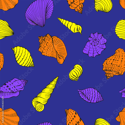 Seamless pattern with seashells. Hand drawn vector illustration.