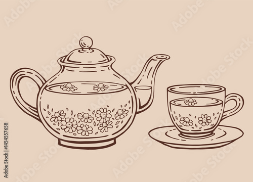 Tea set with glass teapot and cup, chamomile. Hand drawn vector illustration in outline style.