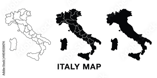 Italy map set with administrative divisions, outline, and silhouette. Editable vector for infographics, presentations, and educational use.