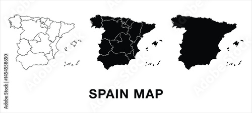 Spain map set with administrative divisions, outline, and silhouette. Editable vector for infographics, presentations, and educational use.
