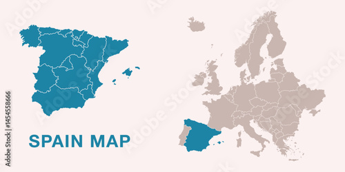 Map of Spain with administrative divisions and highlighted position on Europe map. Isolated on white background. Vector illustration.