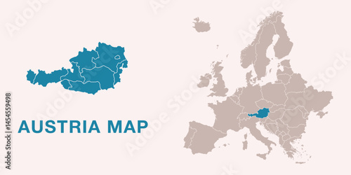 Map of Austria with administrative divisions and highlighted position on Europe map. Isolated on white background. Vector illustration. 
