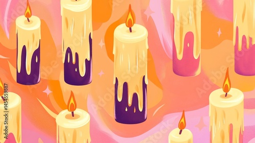 Whimsical Candle Pattern with Dripping Wax and Dreamy Pastel Background