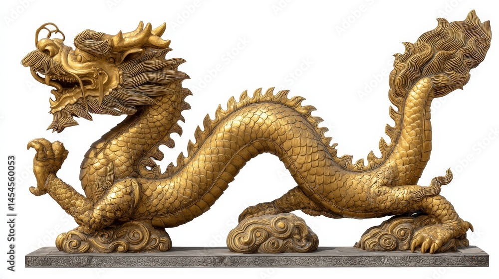 Obraz premium Majestic Golden Dragon Statue Isolated on White Background A Symbol of Power and Good Fortune in Chinese Culture