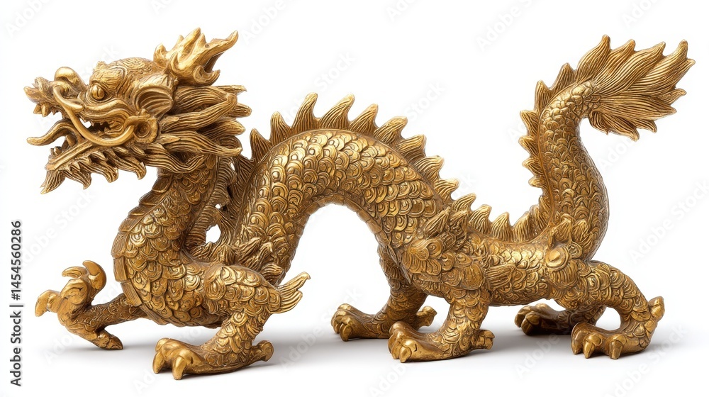 Fototapeta premium Majestic Golden Dragon Statue Asian Culture Decor Figurine Mythical Creature