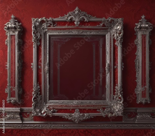 Intricate silver frames on deep red damask  Retro style ,  red,  royal,  stylish
