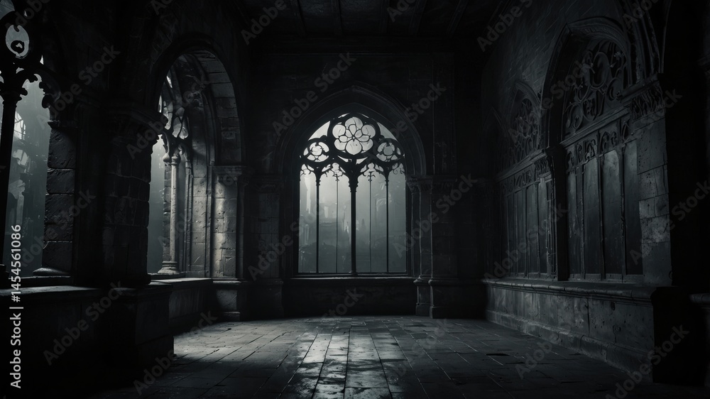 Fototapeta premium Gothic Interior: Grand hall featuring stone architecture and large arched window creating dramatic light.