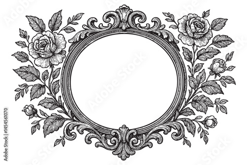 Vintage oval Baroque Victorian frame border flower engraving woodcut illustration