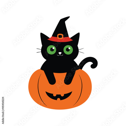 cat in a witch hat sitting on a pumpkin 