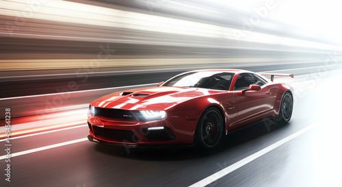 Red Sports Car Driving Fast on Highway with Motion Blur
