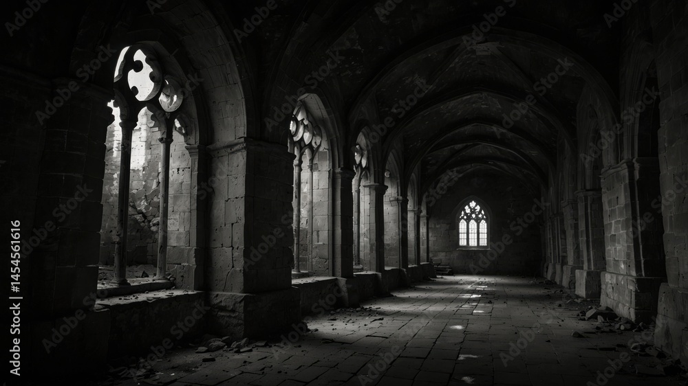 Obraz premium Dramatic monochrome interior of an ancient stone hall with arches and windows, bathed in soft light.