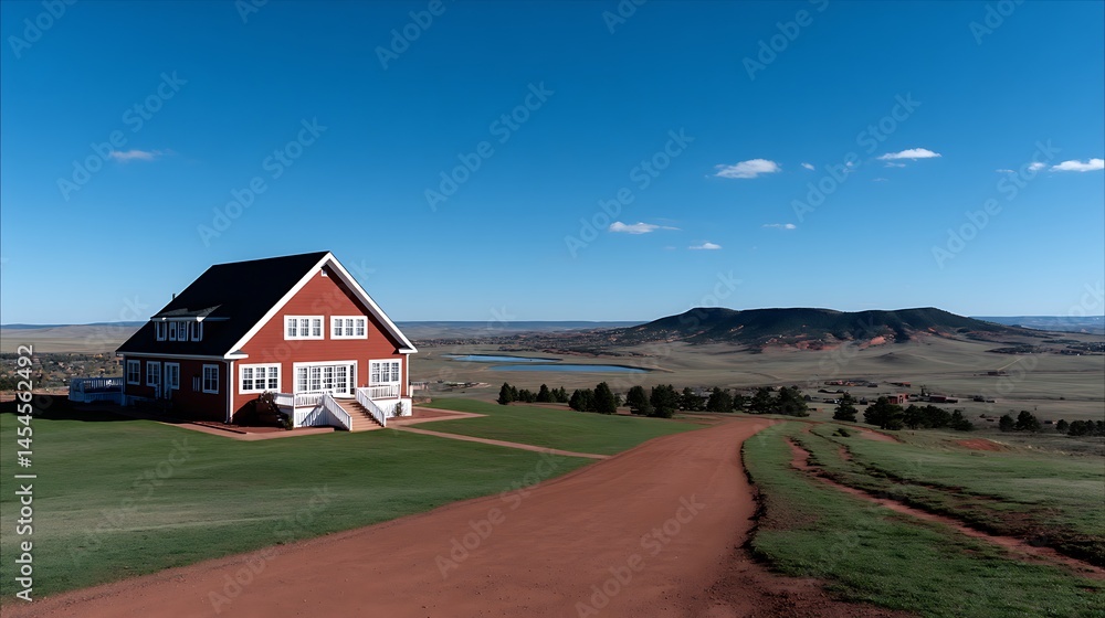 Fototapeta premium Red Ranch House with Scenic Vista, and Colorado Landscape.