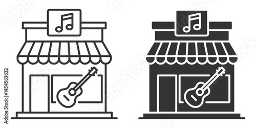 Vector icon of music shop building with guitar and note.