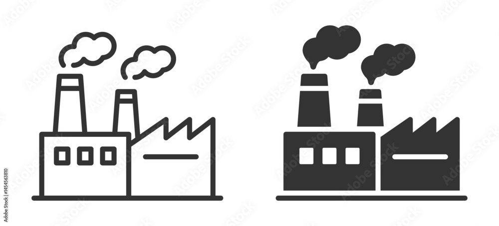 Vector icon of industrial factory with chimneys and smoke.