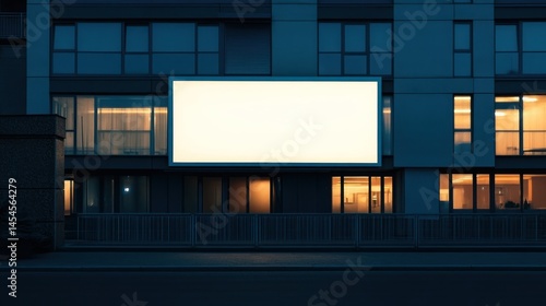 Illuminated blank billboard on apartment building at night.