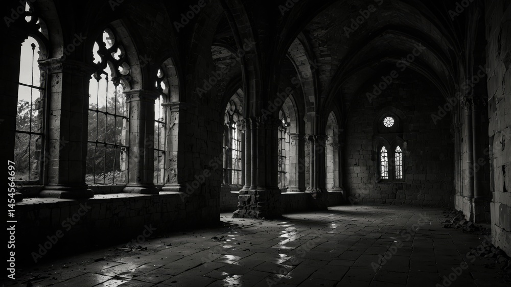 Obraz premium Gothic Interior: Arches and windows create a stunning, dark space. Shadows add depth to the stone structure.