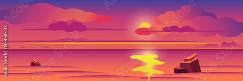 PrintSunset in ocean, pink clouds in sky with shining sun above sea with rocks sticking up of water and city lights on opposite shore, nature landscape background, evening view. Cartoon vector