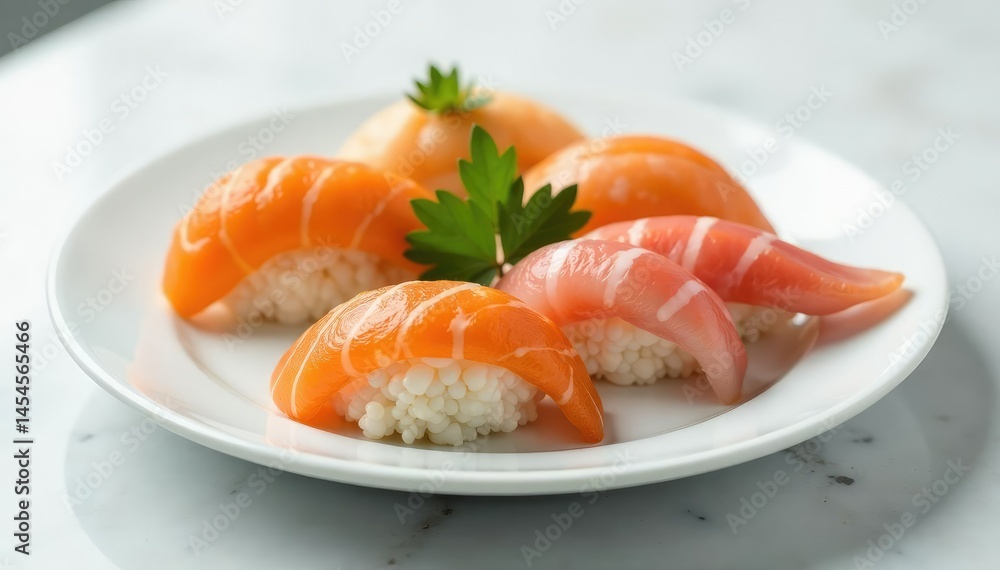 Assorted sushi on white plate, minimalist setup, sushi, bento, oriental Assorted sushi on white plate, minimalist setup, sushi, bento, oriental