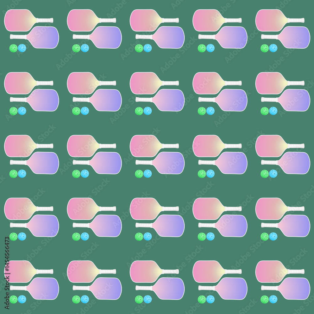 Colorful pickleball paddles and balls on green background pattern