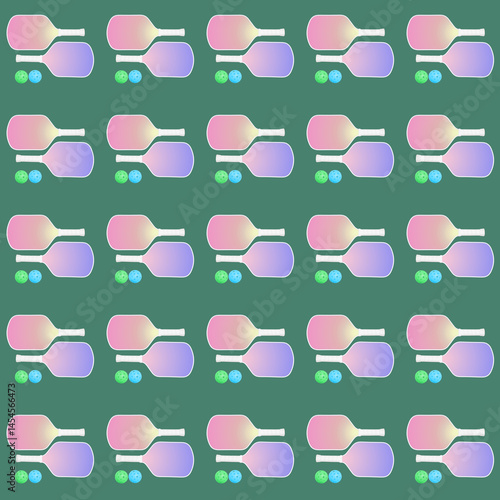 Obraz na płótnie Colorful pickleball paddles and balls on green background pattern w salonie