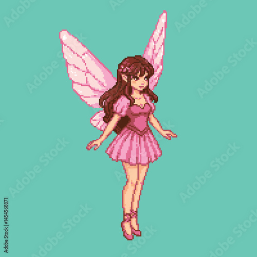 Pixel art beautiful fairy in pink dress