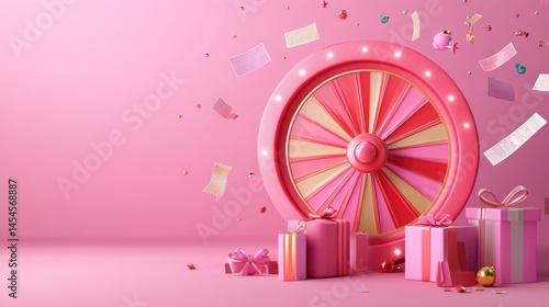 Pink wheel of fortune with gifts and confetti.