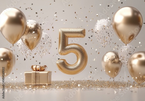 Golden Number Five Balloon with Gift and Confetti for Celebration