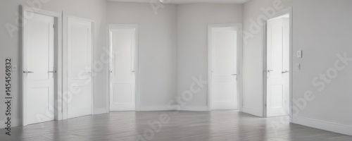 Clean white doors, open and closed, minimalist room setting ,  studio,  interior,  house