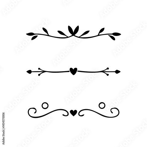 Dividers doodle set. Wedding decorative elements. Hand drawn vector illustration isolated on white background. Text dividers doodle set. Wedding decorative elements. 