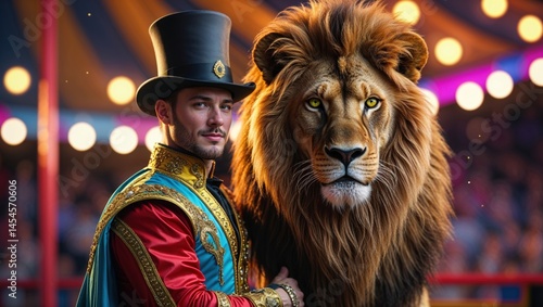 A young man in a ringmaster's costume poses with a majestic lion under the warm lights of a circus tent. A captivating image of power and grace.