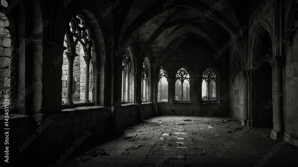 Dark gothic architecture fills the frame, old stone building with a series of arched windows. Dark gothic architecture fills the frame, old stone building with a series of arched windows.