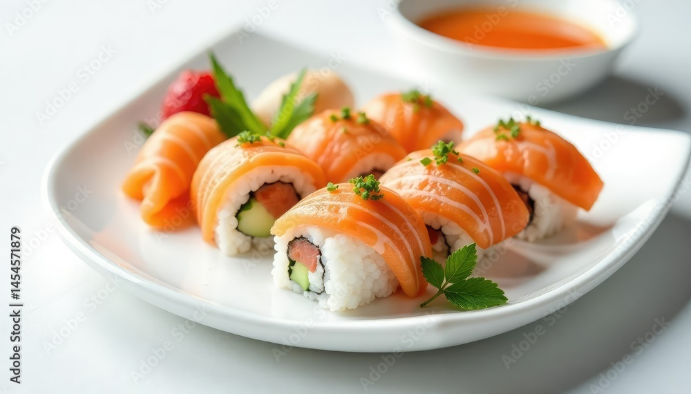 Elegant sushi arrangement on pristine white, minimalist setting, picture, elegant Elegant sushi arrangement on pristine white, minimalist setting, picture, elegant