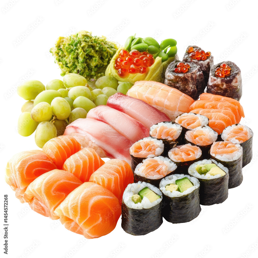 A vibrant assortment of sushi and sashimi, featuring various types of fish, including salmon, tuna, and potentially more. rray A vibrant assortment of sushi and sashimi, featuring various types of fish, including salmon, tuna, and potentially more. rray