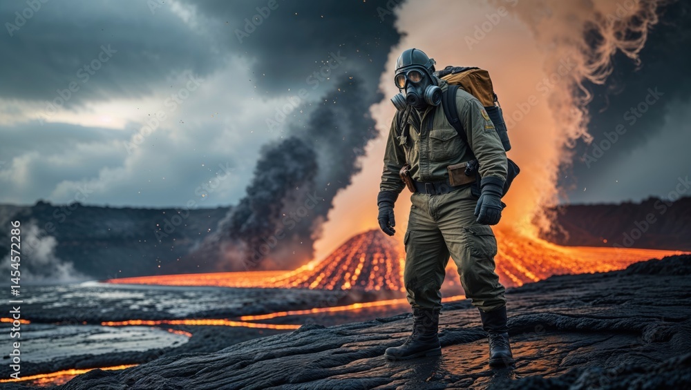 Obraz premium A man in a gas mask stands amidst a volcanic eruption, the fiery lava contrasting with the dark, smoky sky. A scene of intense power and potential danger.