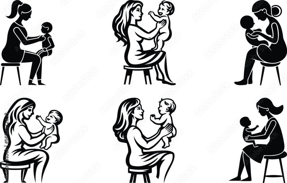 Mother sitting on a stool and holding her baby modern vector illustration, mother sitting on a stool and holding her baby silhouette and line art vector set Mother sitting on a stool and holding her baby modern vector illustration, mother sitting on a stool and holding her baby silhouette and line art vector set