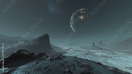 Panoramic View of an Exoplanet Surface with Distant Illuminated Planet