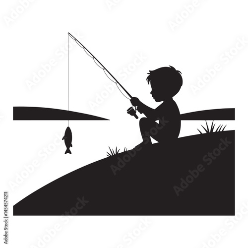 Fishing Silhouette: A silhouette of a young boy patiently waiting for a catch on a serene fishing trip.