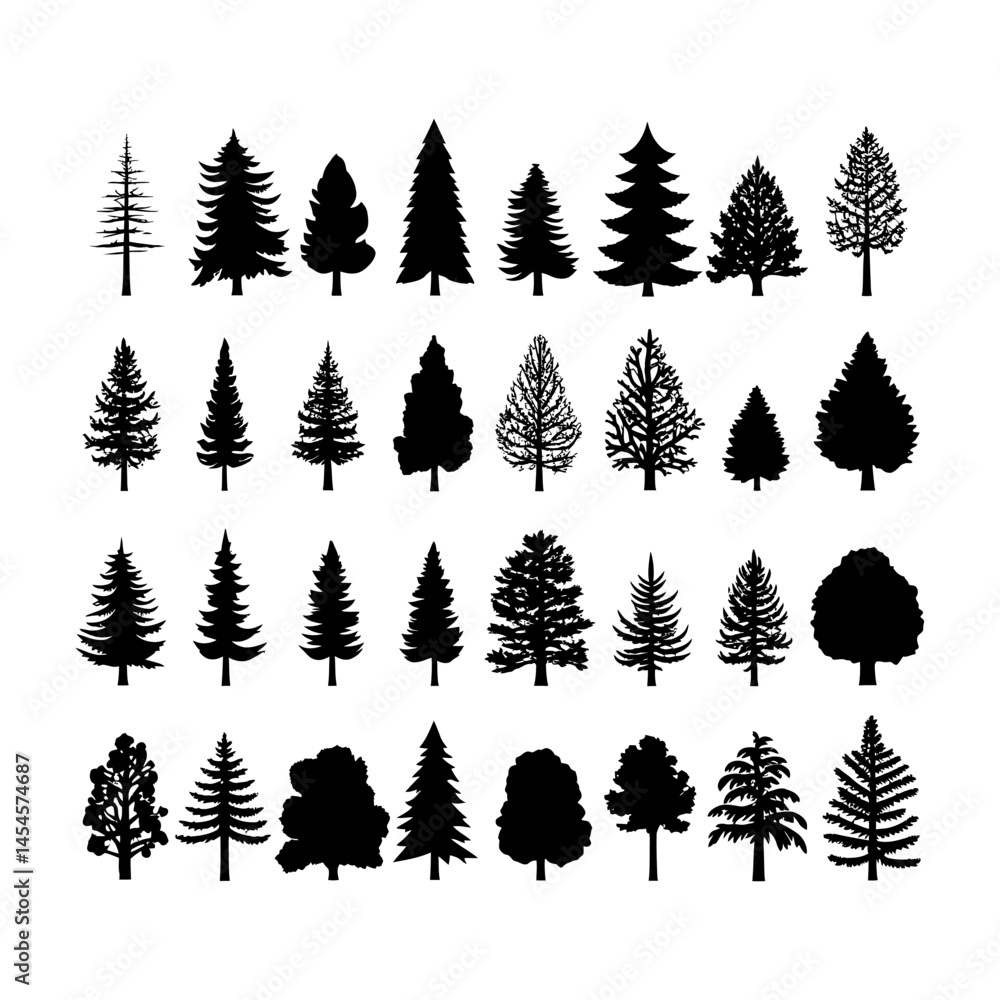 Pine Trees Silhouette set clipart on a white background Pine Trees Silhouette set clipart on a white background