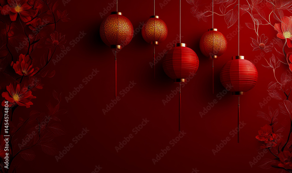 New Year celebration backdrop featuring vibrant red lanterns, intricate floral designs, and traditional decorative elements. New Year celebration backdrop featuring vibrant red lanterns, intricate floral designs, and traditional decorative elements.