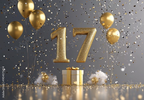 Golden 17th Birthday Celebration with Balloons and Confetti